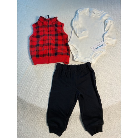 Carters Baby Outfit Set 3 Piece Vest Bodysuit Pants 9 Months Red Black - Picture 1 of 6